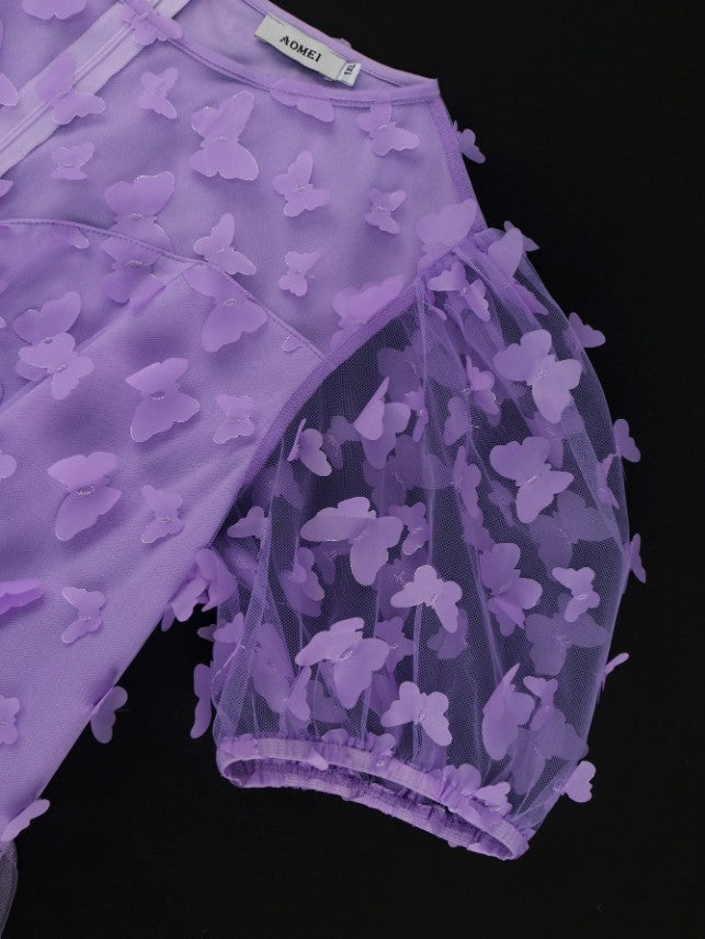 Lavender A Line Dresses O Neck Short Puff Sleeve