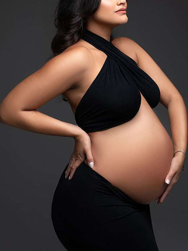 Black Cut Out Crop Thigh High Side Slits Ruched Knot Halter Neck Fashion Photoshoot Maternity Maxi Dress