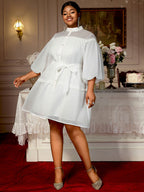 White A Line Shirt Dresses With Waist Belt Single Breasted