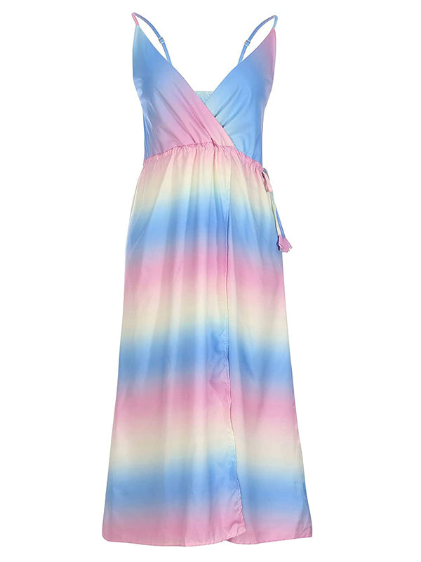 Pink-Blue Ombre V-neck Spaghetti Strap Cami Slit Boho Gender Reveal Party Maternity Maxi Dress