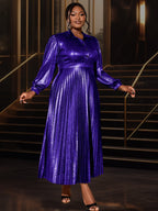 Pleated Dress Turn Down Collar Lantern Sleeves Button Up
