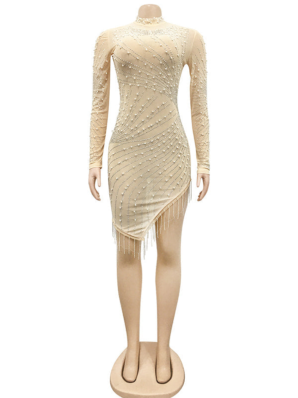 Mesh Rhinestone Pearl Tassel Irregular Bodycon Photoshoos Maternity Mini Dress