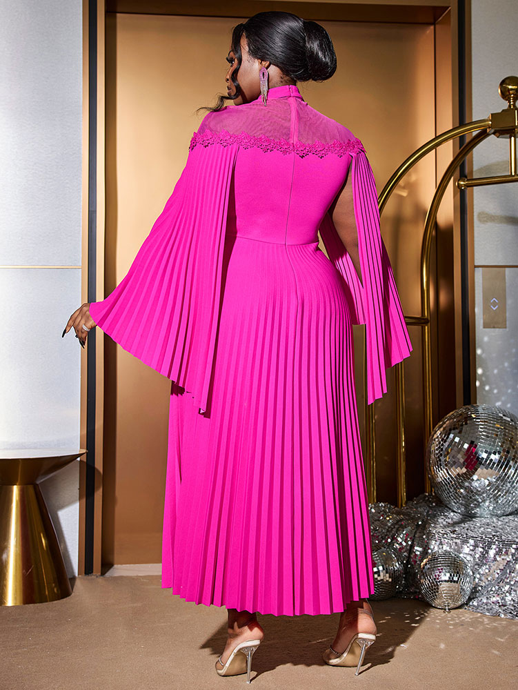 Rose A Line Dress Pleated Half High Collar Shawl sleeves