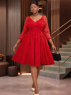 Elegant Lace Midi A Line Wedding Guest Dress V Neck Pleated
