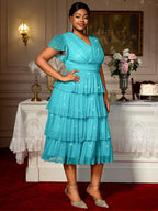 LakeBlue Shiny Sequins A Line Cake Dress V Neck High Waist