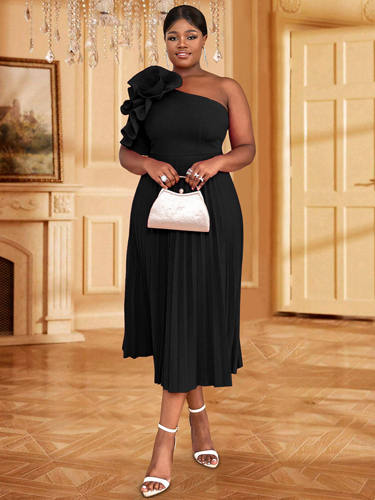 DRESS 3D Flower One Shoulder Pleated Summer Cocktail Dress