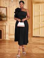 DRESS 3D Flower One Shoulder Pleated Summer Cocktail Dress