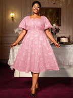 Puff Sleeve Jacquard Dress Classic A Line Fit for Curvy Chic Style