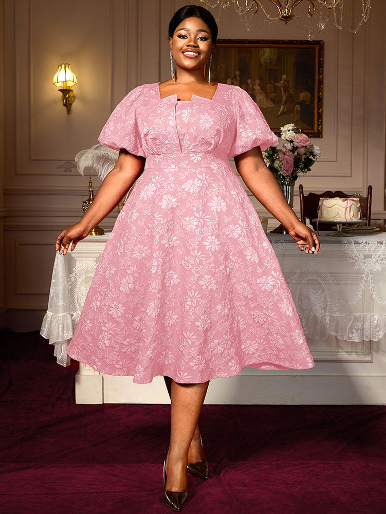 Puff Sleeve Jacquard Dress Classic A Line Fit for Curvy Chic Style