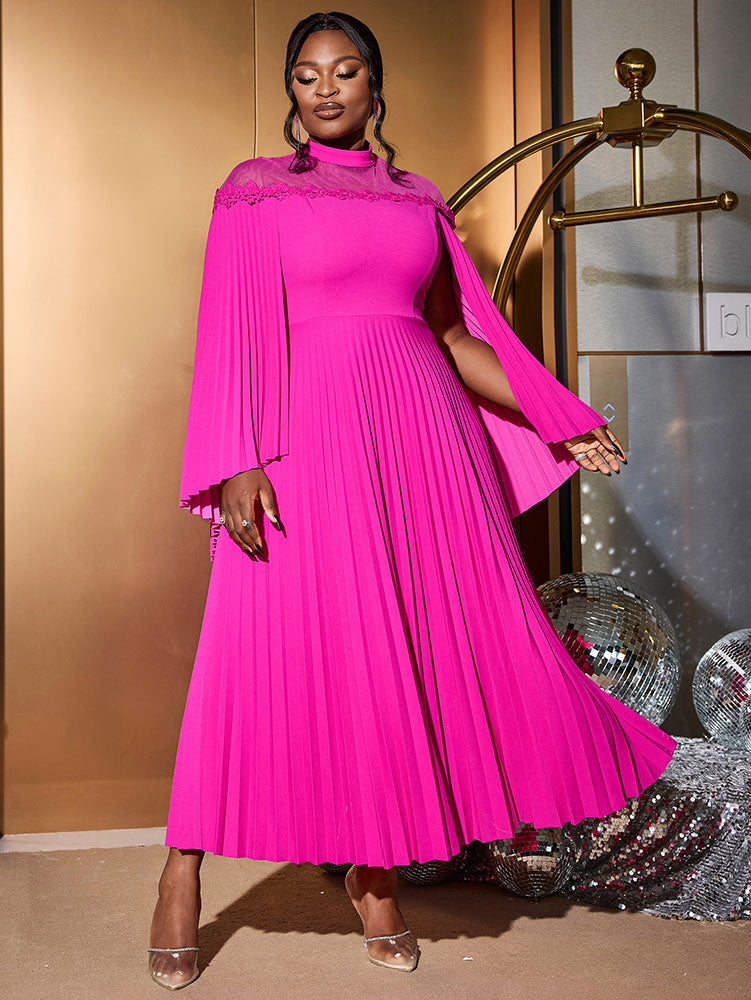 Rose A Line Dress Pleated Half High Collar Shawl sleeves