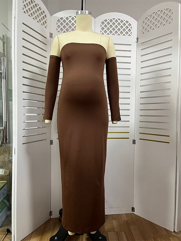 Brown Off Shoulder Long Sleeve Bodycon Elegant Going Out Maternity Photoshoot Baby Shower Party Maxi Dress