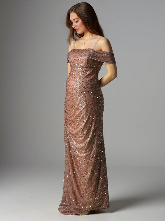 Sparkly Sequin Off Shoulder Side Slit Draped Evening Gown Maternity Photoshoot Elegant Baby Shower Party Maxi Dress