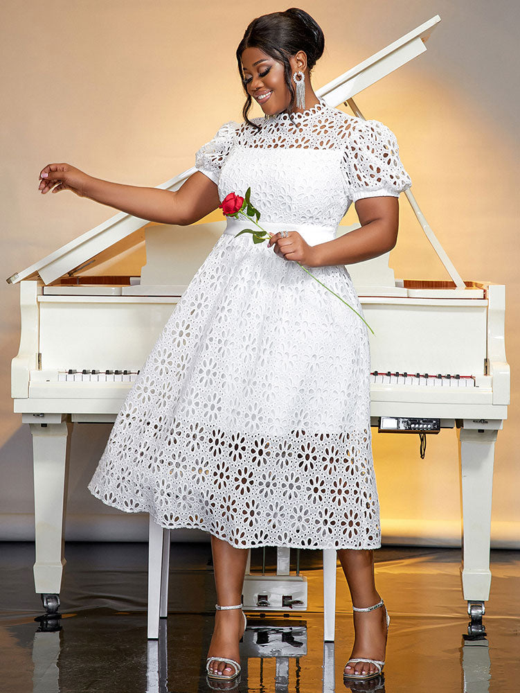 Elegant Lace Midi A Line Wedding Guests Dress Puff Sleeve