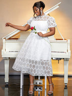 Elegant Lace Midi A Line Wedding Guests Dress Puff Sleeve