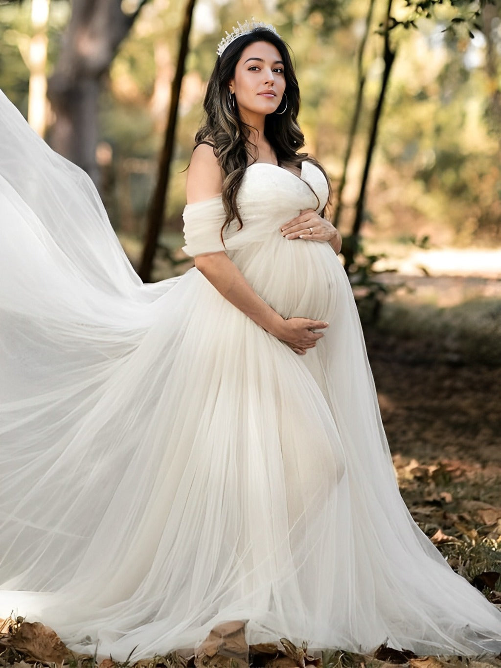 Grenadine Tulle Lace Off Shoulder Baby Shower Photoshoot Pregnant Maternity Maxi Dress