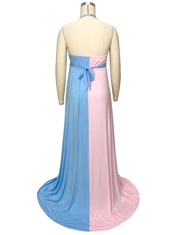 Pink&Blue Lace Backless Side Slit Gender Reveal Cute Maternity Maxi Dress