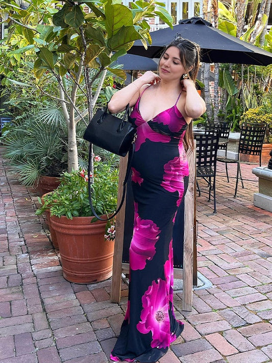 Rose Carmine Spaghetti Strap Stamp Duty Open Back Beach Vacation Baby Shower Maternity Photoshoot Maxi Dress