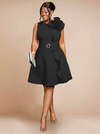 Green O Neck Big Flower Sleeveless Ruffles A-Line Dress