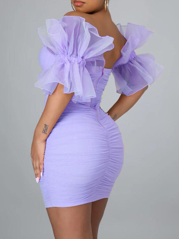 Purple Patchwork Grenadine Ruched Off Shoulder Bodycon Baby Shower Party Pregnancy Maternity Mini Dress