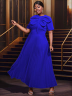 Rose Pleated Dress O Neck Short Sleeves Big Bow High Waist