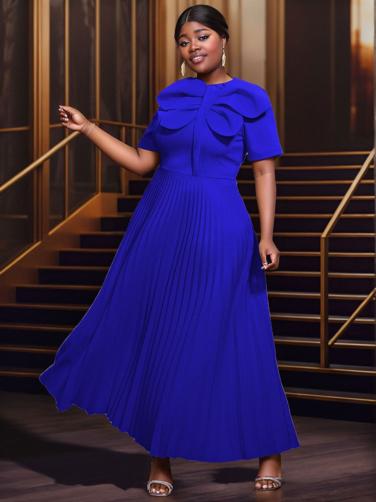 Rose Pleated Dress O Neck Short Sleeves Big Bow High Waist