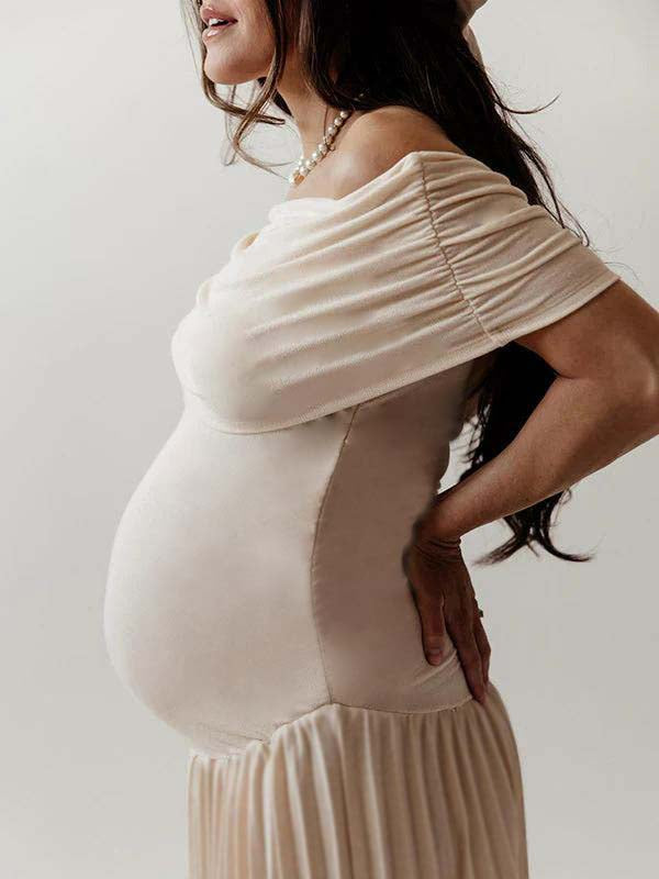 Apricot Off Shoulder Ruched Pleated Big Swing Maternity Baby Shower Maxi Dress