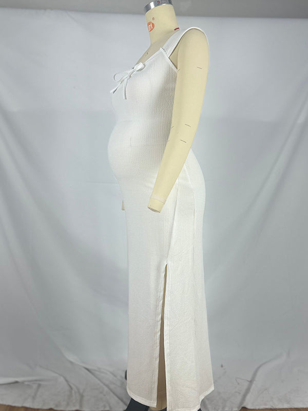 Smocked Bow Tie Side Slit Elegant Bodycon Vacation Beach Photoshoot Cute Baby Shower Maternity Maxi Dress