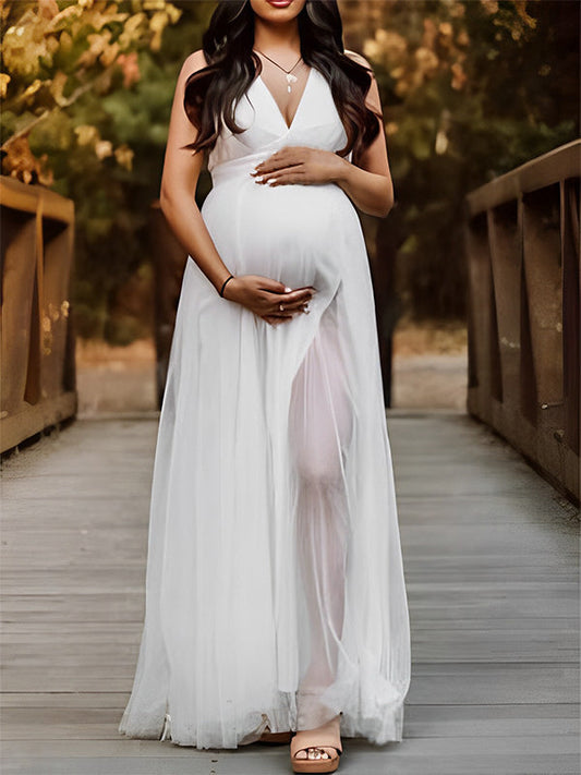 White Tulle Off Shoulder Grenadine Side Slit Backless V-Neck Cute Gown Baby Shower Maternity Maxi Dress