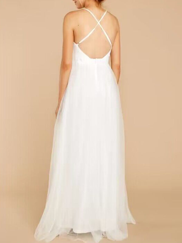 White Tulle Off Shoulder Grenadine Side Slit Backless V-Neck Cute Gown Baby Shower Maternity Maxi Dress