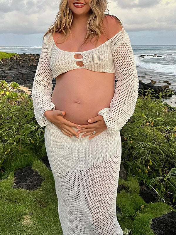 White 2 Piece Crochet Mesh Backless Flare Sleeve Bodycon Vacation Beach Photoshoot Baby Shower Maternity Maxi Dress