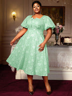 Puff Sleeve Jacquard Dress Classic A Line Fit for Curvy Chic Style
