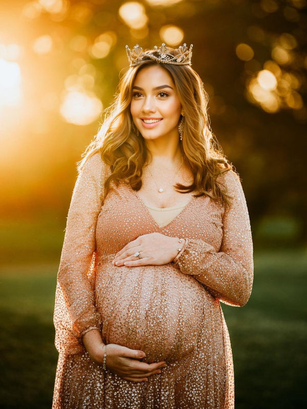 Belly Friendly V-neck Glitter Pleated Belt Boho Evening Photoshoot Babyshower Maternity Maxi Dress