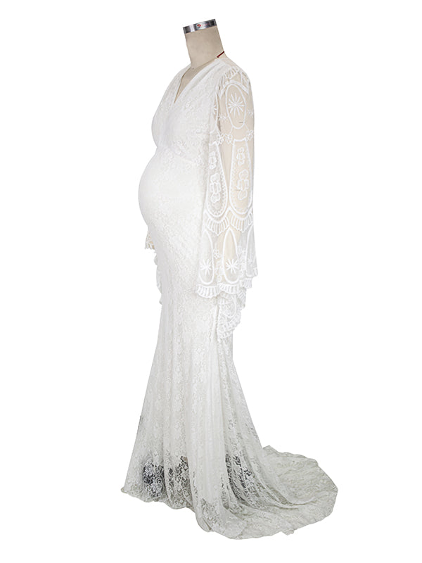 White Lace Trumpet V-Neck Flare Sleeve Bodycon Prom Wedding Gown Photoshoot Maternity Maxi Dress