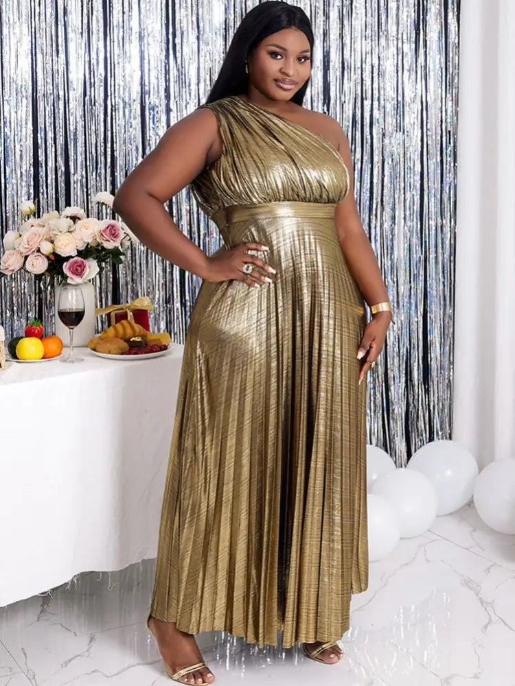 Gold Party Dress Long For Holiday One Shoulder Maxi Shiny Pleated