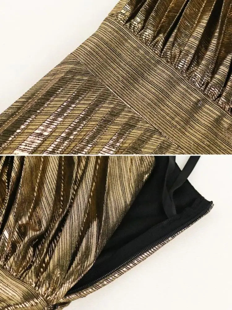 Gold Party Dress Long For Holiday One Shoulder Maxi Shiny Pleated