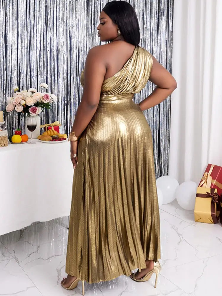 Gold Party Dress Long For Holiday One Shoulder Maxi Shiny Pleated