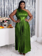 Gold Party Dress Long For Holiday One Shoulder Maxi Shiny Pleated