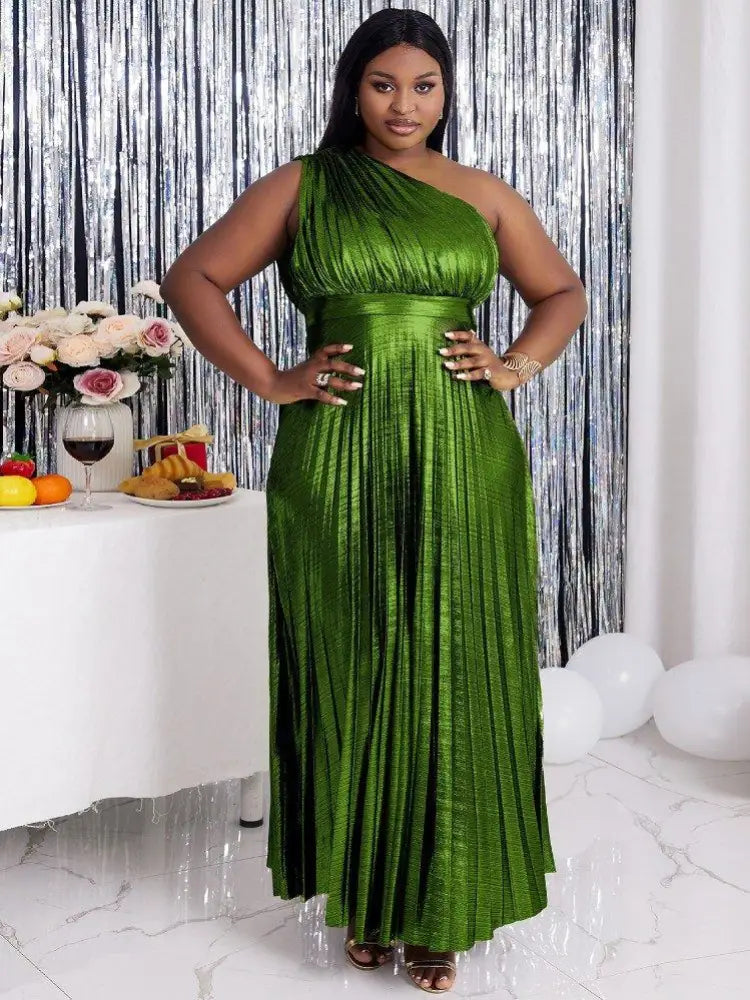 Gold Party Dress Long For Holiday One Shoulder Maxi Shiny Pleated
