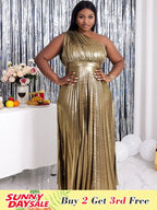 Gold Party Dress Long For Holiday One Shoulder Maxi Shiny Pleated
