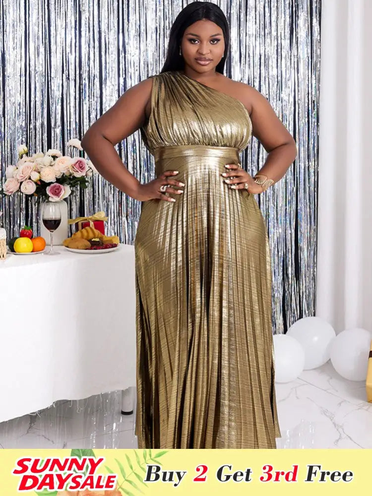 Gold Party Dress Long For Holiday One Shoulder Maxi Shiny Pleated