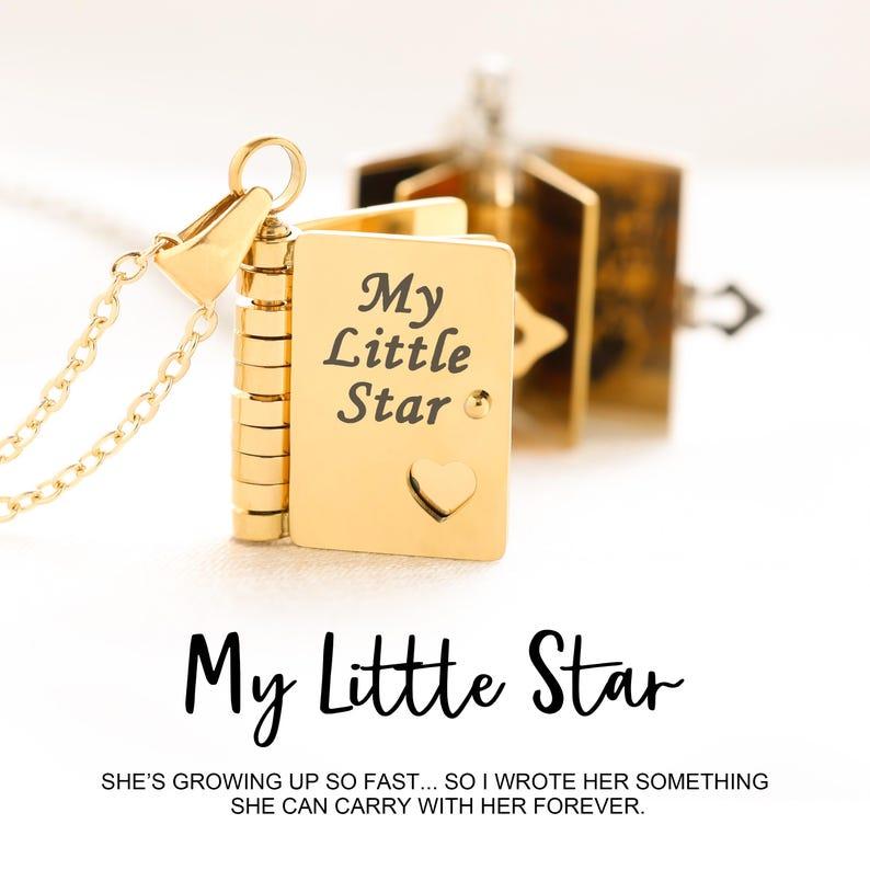 My Little Star Book Necklace – A Letter to My Daughter in a Locket, Adjustable Pendant with Message Inside, Meaningful Jewelry Gift