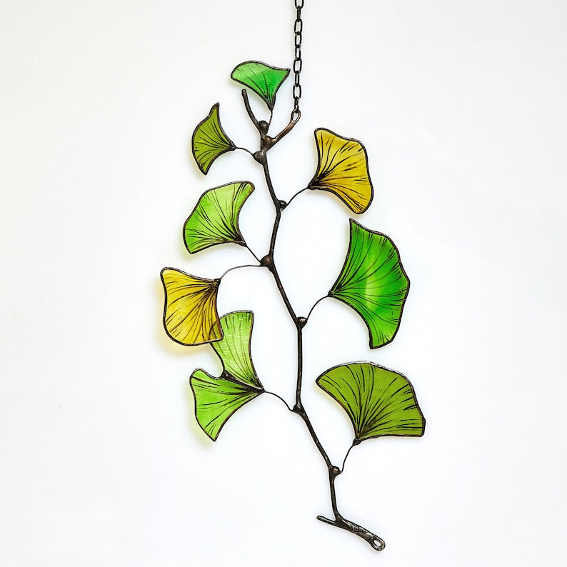 Ginkgo Leaf Stained glass sun catcher window hanging ginko biloba plant garden gift fensterdeko herbst