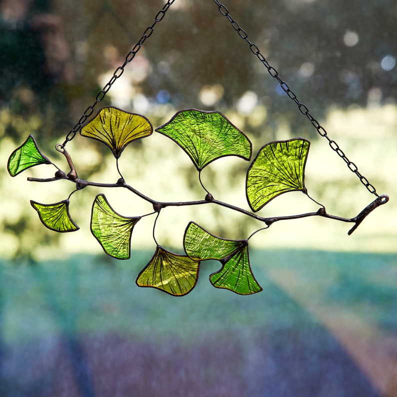 Ginkgo Leaf Stained glass sun catcher window hanging ginko biloba plant garden gift fensterdeko herbst