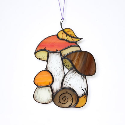 Stained Glass Mushrooms and Snail – Woodland Window Decor, Forest Sun Catcher, Hanging Boletus giftnature lover autumn design