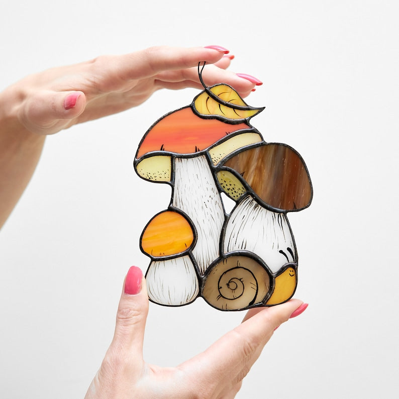 Stained Glass Mushrooms and Snail – Woodland Window Decor, Forest Sun Catcher, Hanging Boletus giftnature lover autumn design