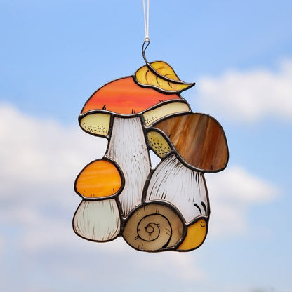 Stained Glass Mushrooms and Snail – Woodland Window Decor, Forest Sun Catcher, Hanging Boletus giftnature lover autumn design