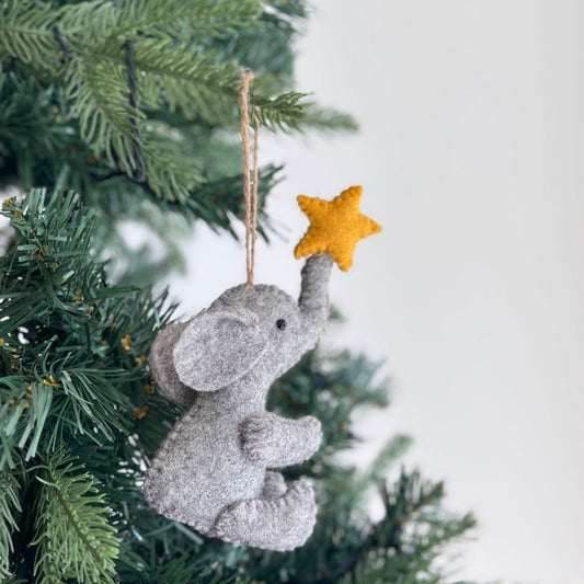 Felt Elephant with Star Christmas Ornament, Twine Thread Attached, Biodegradable Ornament, Hanging Decoration