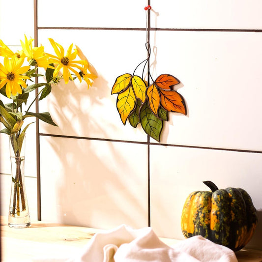 Handcrafted Stained Glass Autumn Leaves | Fall Home Decor & Sun Catcher