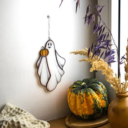 Handmade Stained Glass Ghost with Pumpkin - Halloween Window Suncatcher Decor