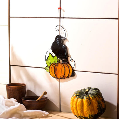 Handmade Stained Glass Crow on Pumpkin Suncatcher | Autumn Window Decor | Halloween Raven Art | Black Bird Glass Ornament | Fall Home Gift
